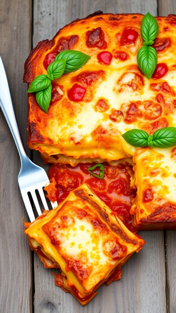 A baked four cheese lasagna with layers of cheese and tomato sauce, garnished with basil leaves on a rustic table.